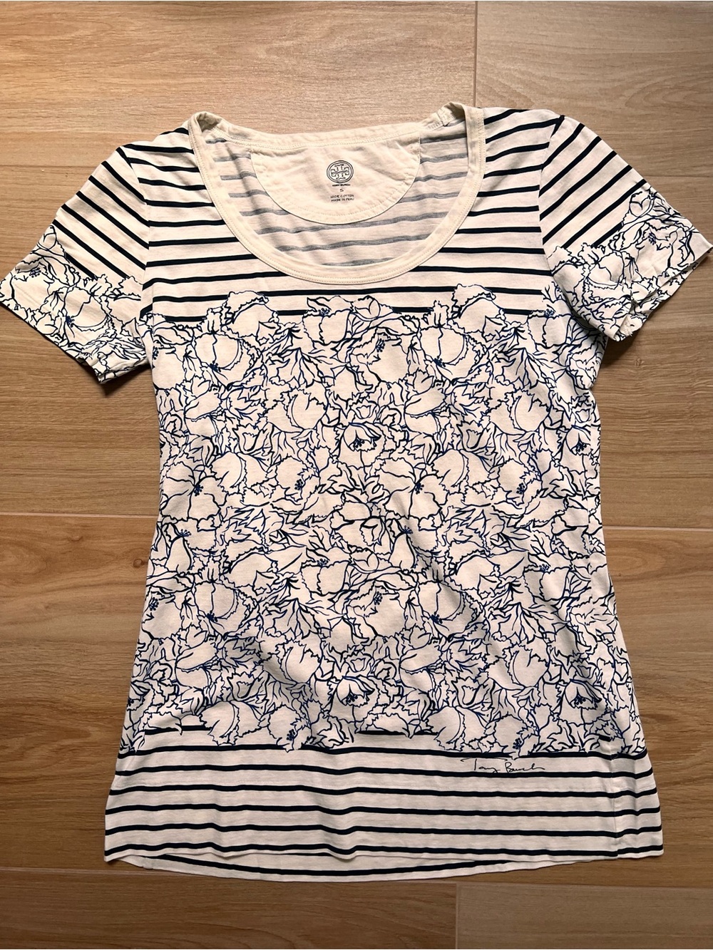 Tory Burch Pima Cotton Floral Stripe Tee White Blue Short Sleeve Shirt Small S